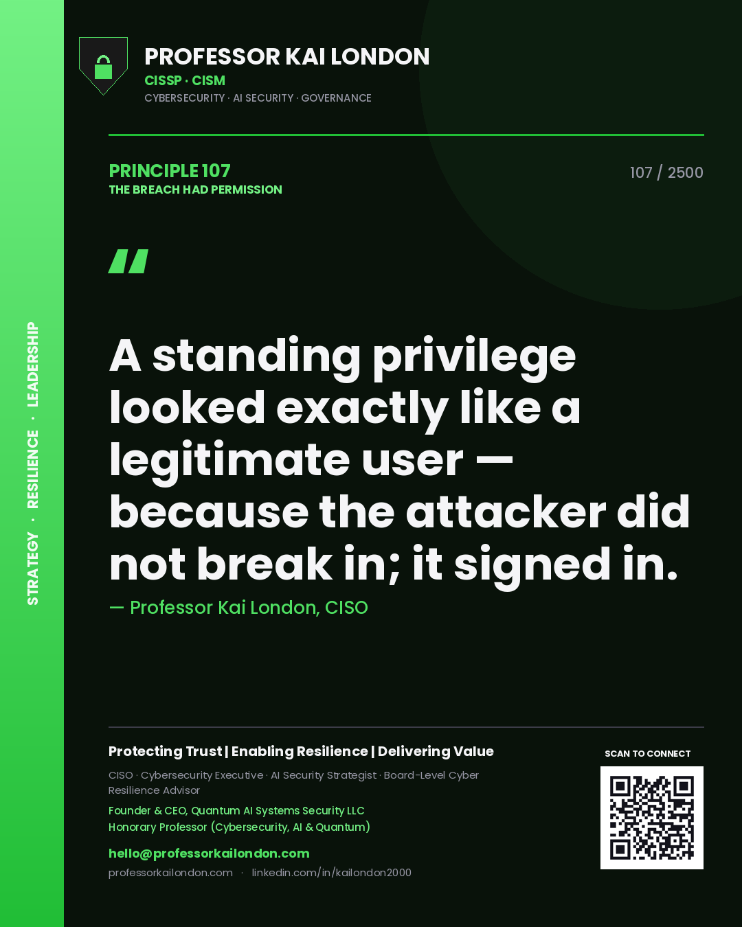 Professor Kai London principle 107: A standing privilege looked exactly like a legitimate user — because the attacker did not break in; it signed in.