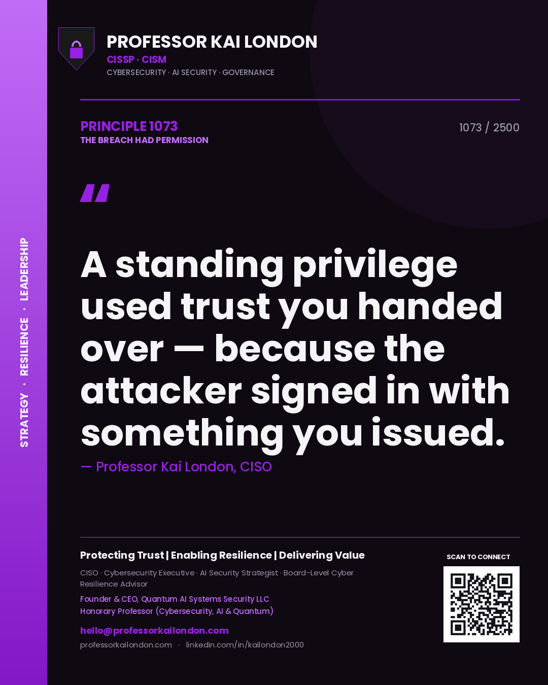 Professor Kai London principle 1073: A standing privilege used trust you handed over — because the attacker signed in with something you issued.