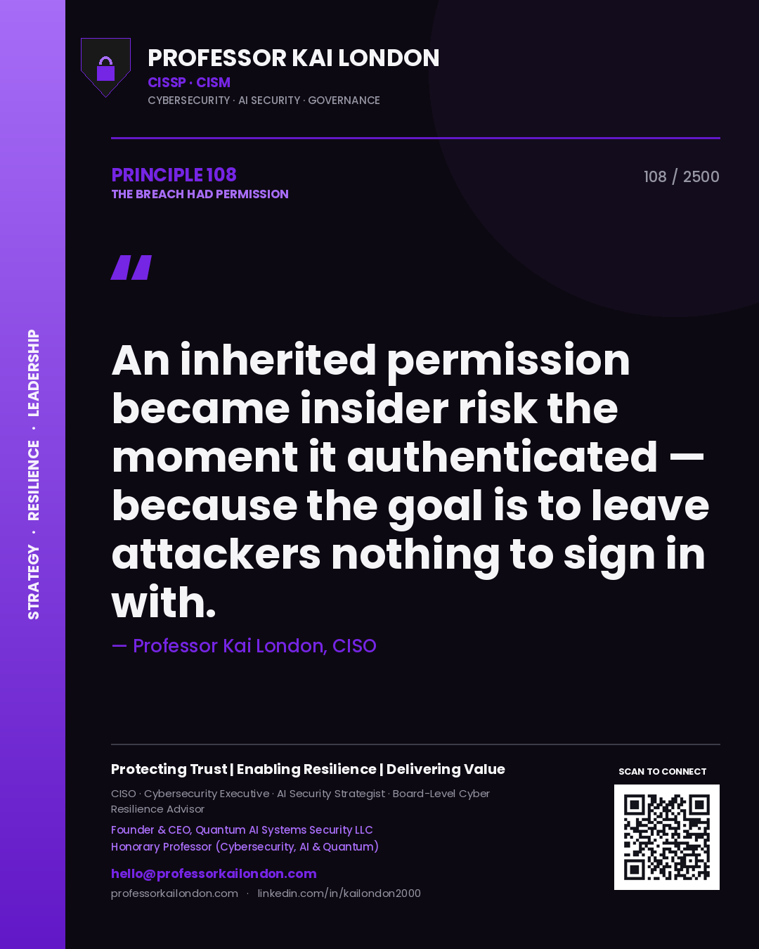Professor Kai London principle 108: An inherited permission became insider risk the moment it authenticated — because the goal is to leave attackers nothing to sign in with.
