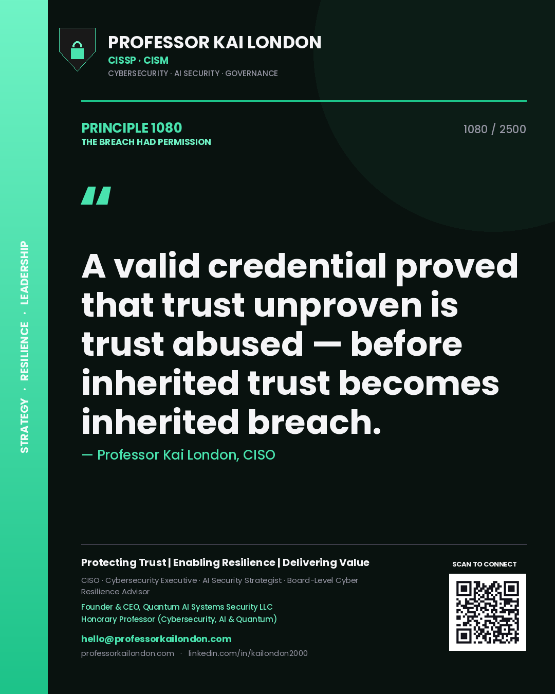 Quote card by Professor Kai London reading 'A valid credential proved that trust unproven is trust abused — before inherited trust becomes inherited breach.'. From the book The Breach Had Permission.