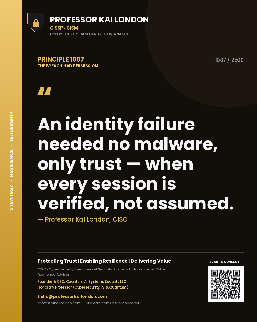 Quote card by Professor Kai London reading 'An identity failure needed no malware, only trust — when every session is verified, not assumed.'. From the book The Breach Had Permission.