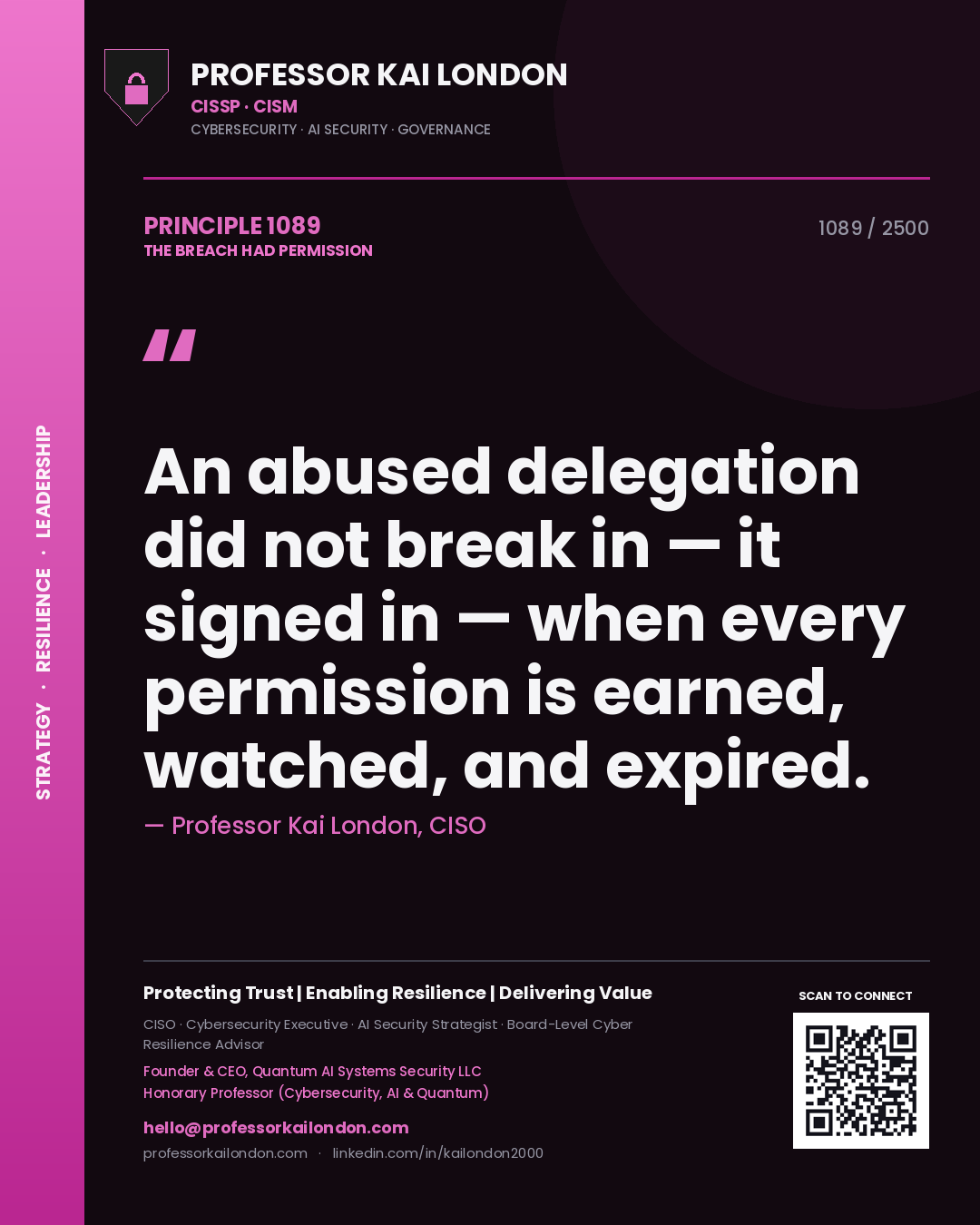 Professor Kai London principle 1089: An abused delegation did not break in — it signed in — when every permission is earned, watched, and expired.
