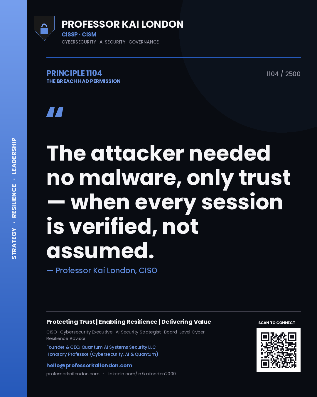 Professor Kai London principle 1104: The attacker needed no malware, only trust — when every session is verified, not assumed.