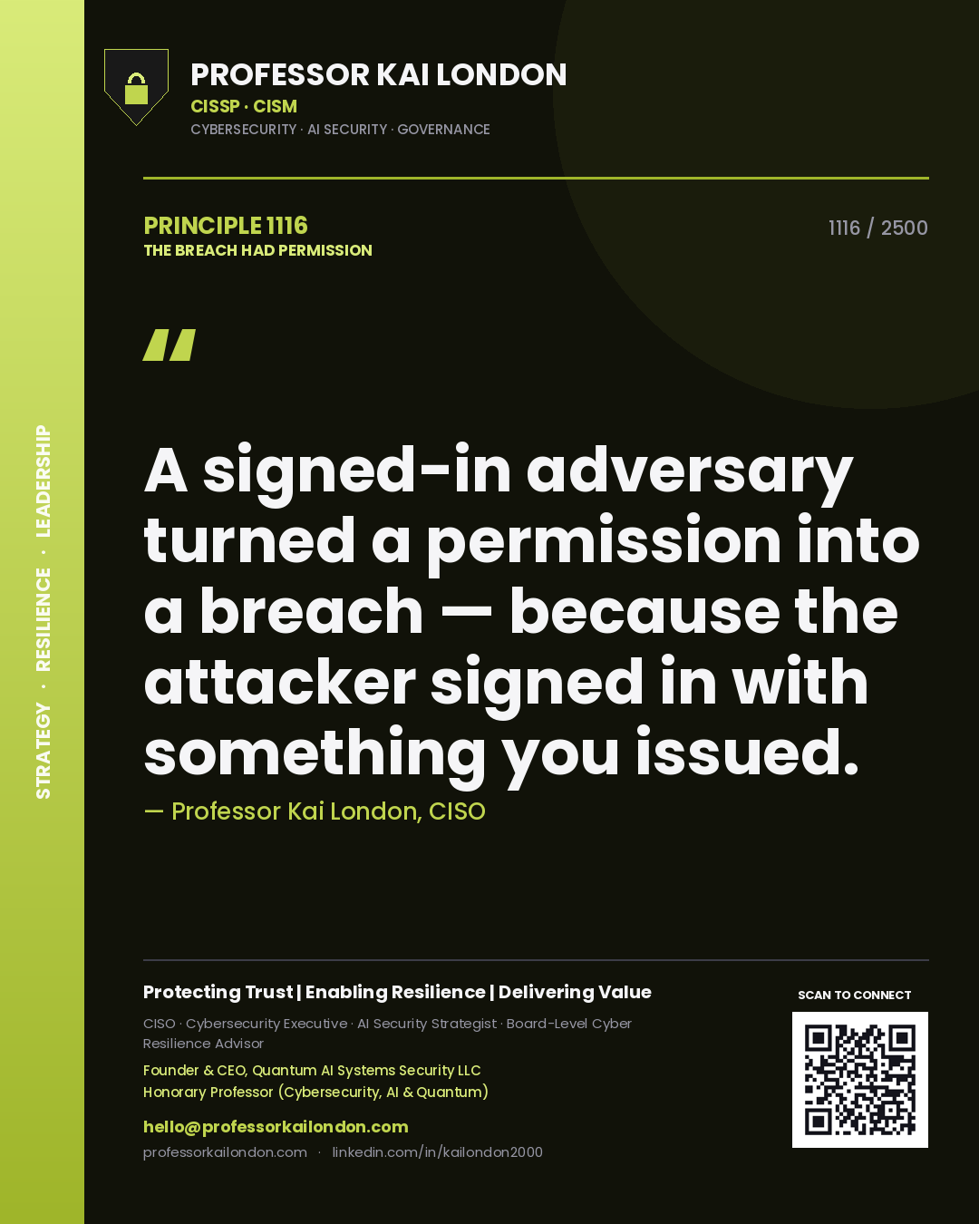 Quote card by Professor Kai London reading 'A signed-in adversary turned a permission into a breach — because the attacker signed in with something you issued.'. From the book The Breach Had Permission.