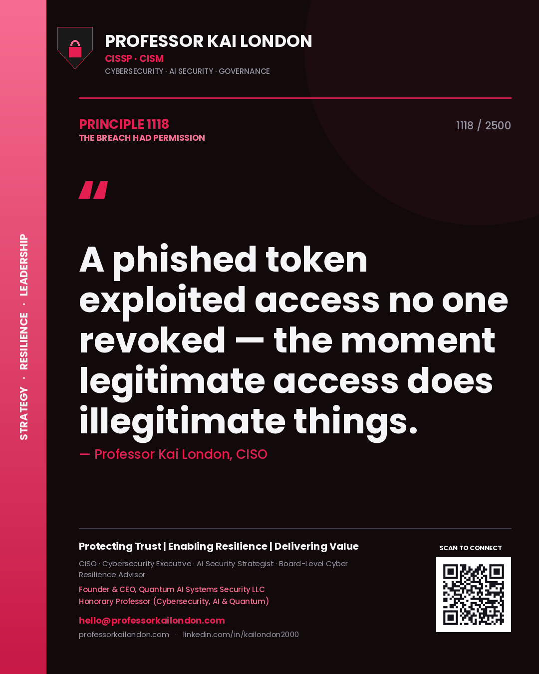 Professor Kai London principle 1118: A phished token exploited access no one revoked — the moment legitimate access does illegitimate things.