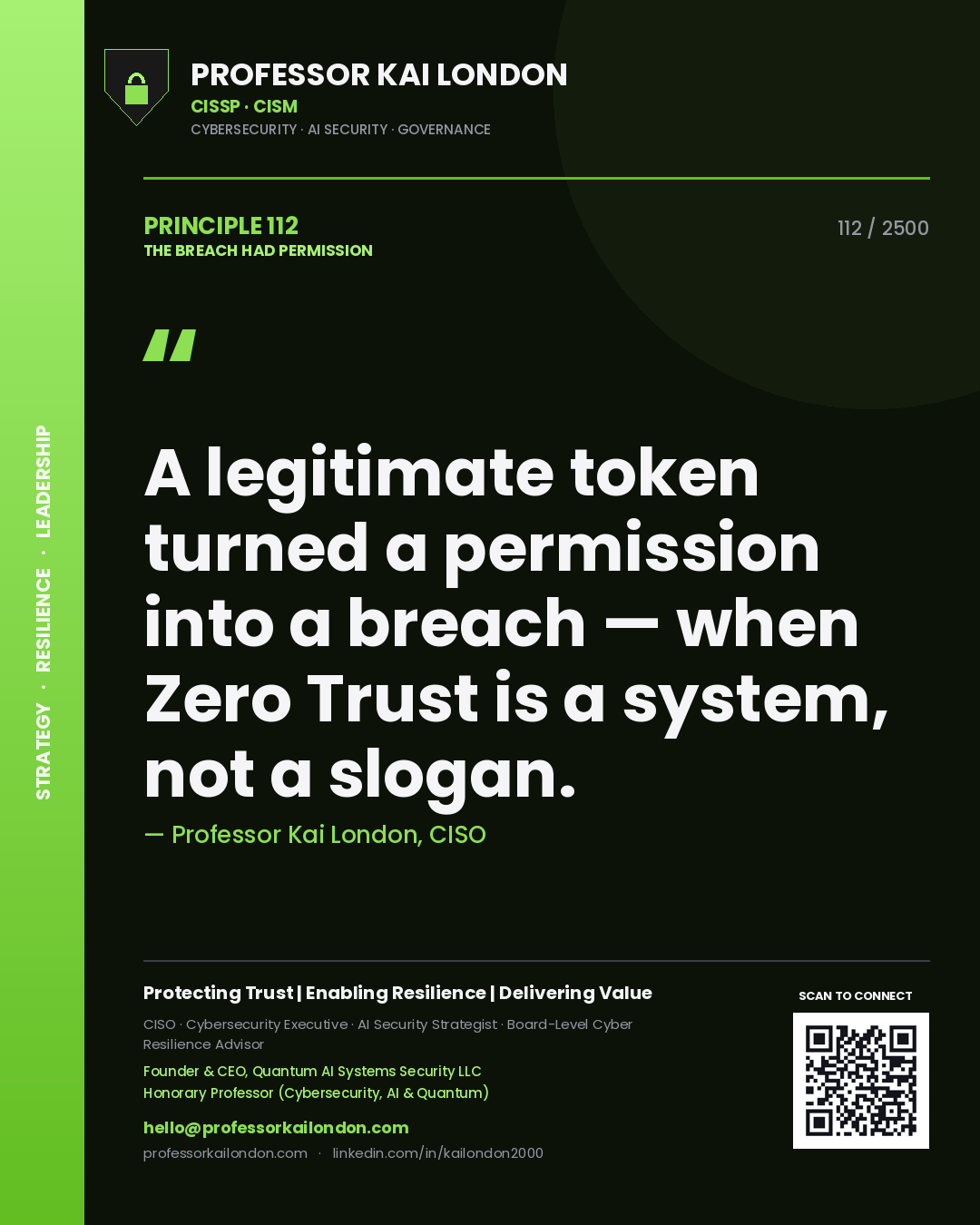 Quote card by Professor Kai London reading 'A legitimate token turned a permission into a breach — when Zero Trust is a system, not a slogan.'. From the book The Breach Had Permission.