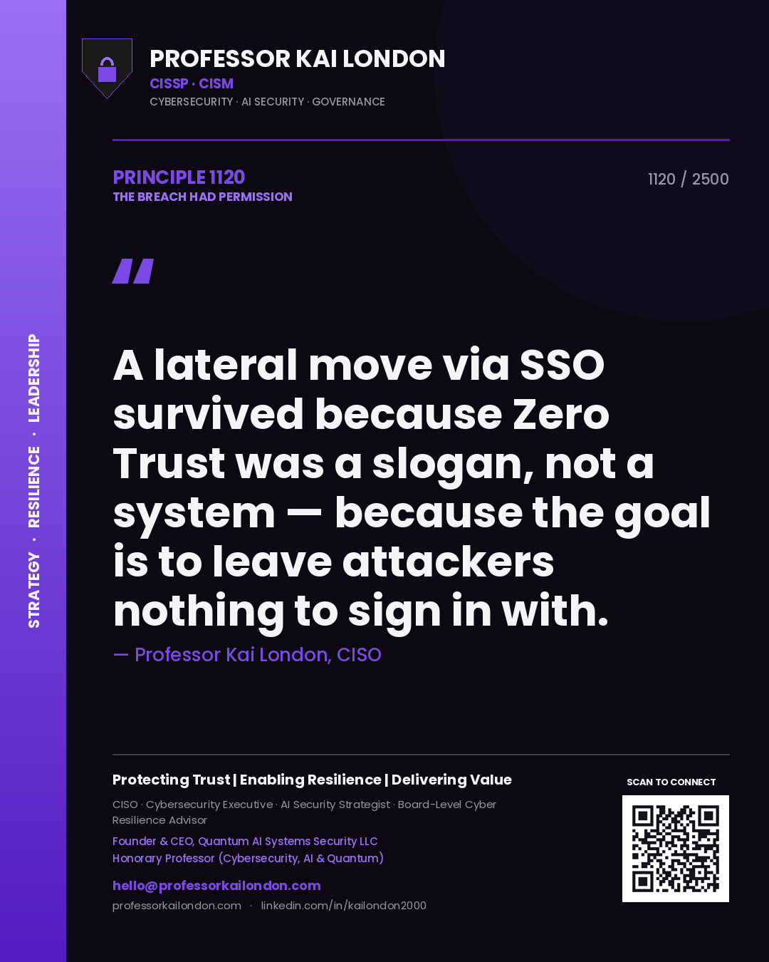Professor Kai London principle 1120: A lateral move via SSO survived because Zero Trust was a slogan, not a system — because the goal is to leave attackers nothing to sign in with.