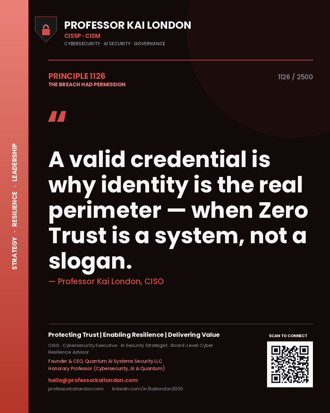 Quote card by Professor Kai London reading 'A valid credential is why identity is the real perimeter — when Zero Trust is a system, not a slogan.'. From the book The Breach Had Permission.