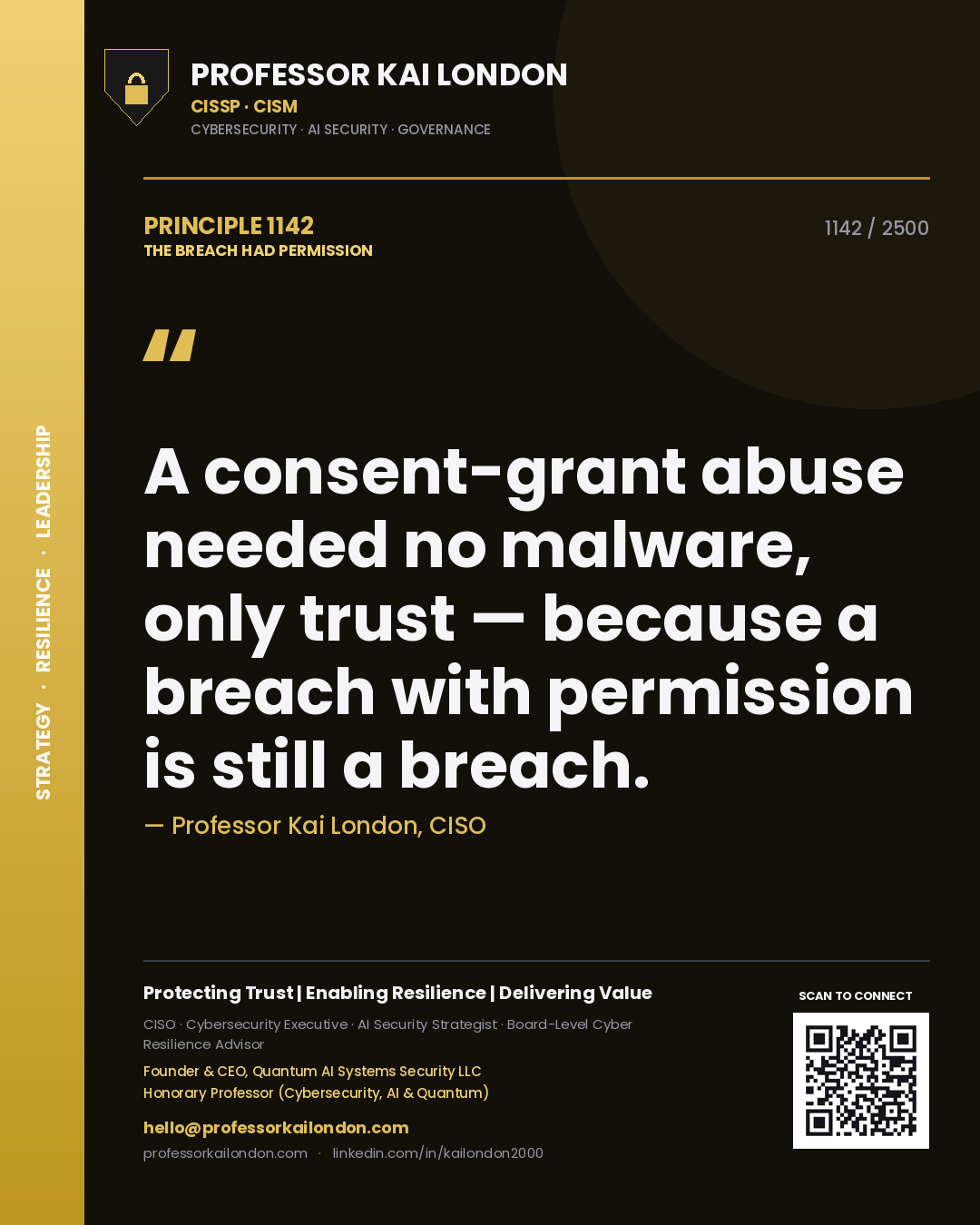 Professor Kai London principle 1142: A consent-grant abuse needed no malware, only trust — because a breach with permission is still a breach.