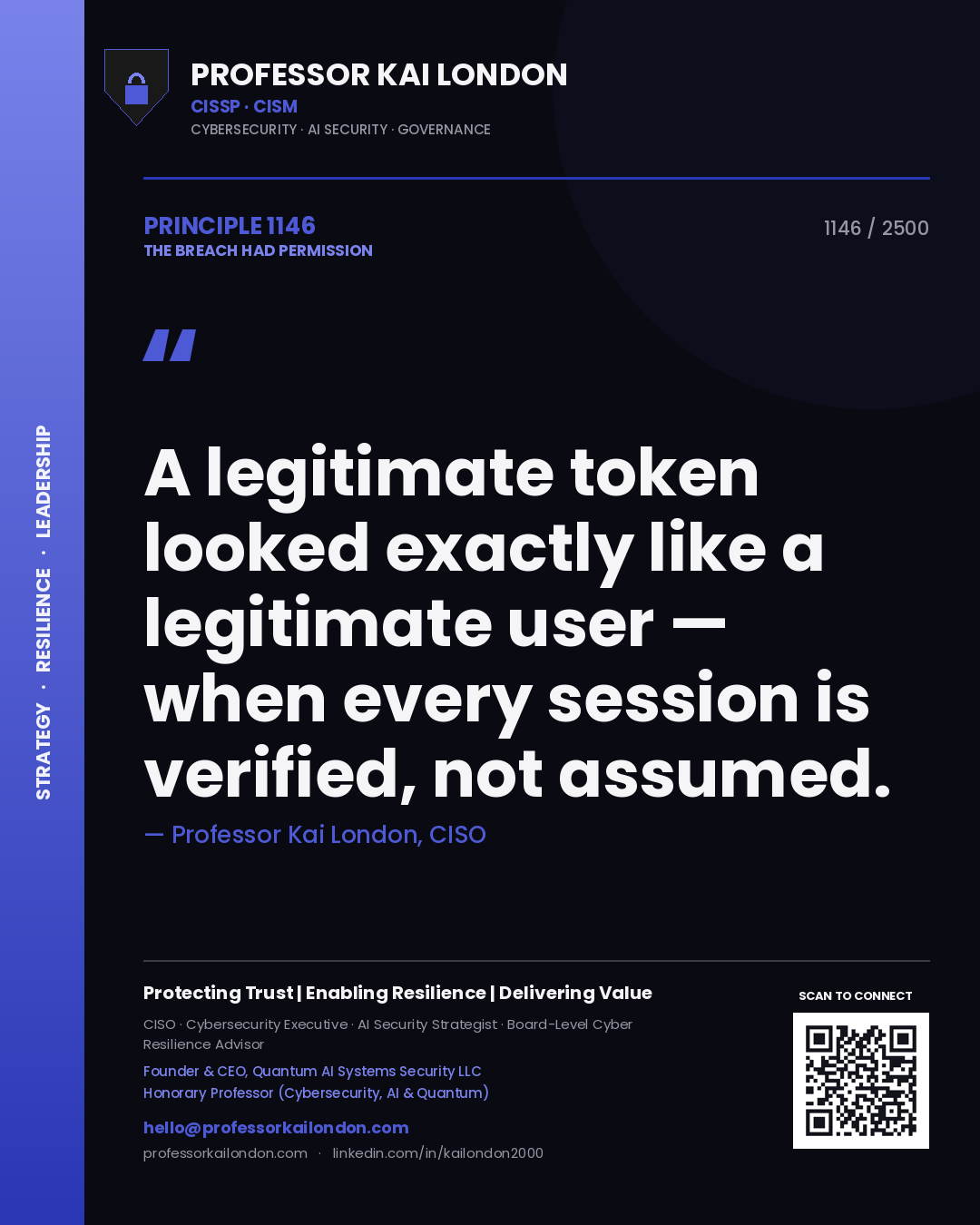 Professor Kai London principle 1146: A legitimate token looked exactly like a legitimate user — when every session is verified, not assumed.