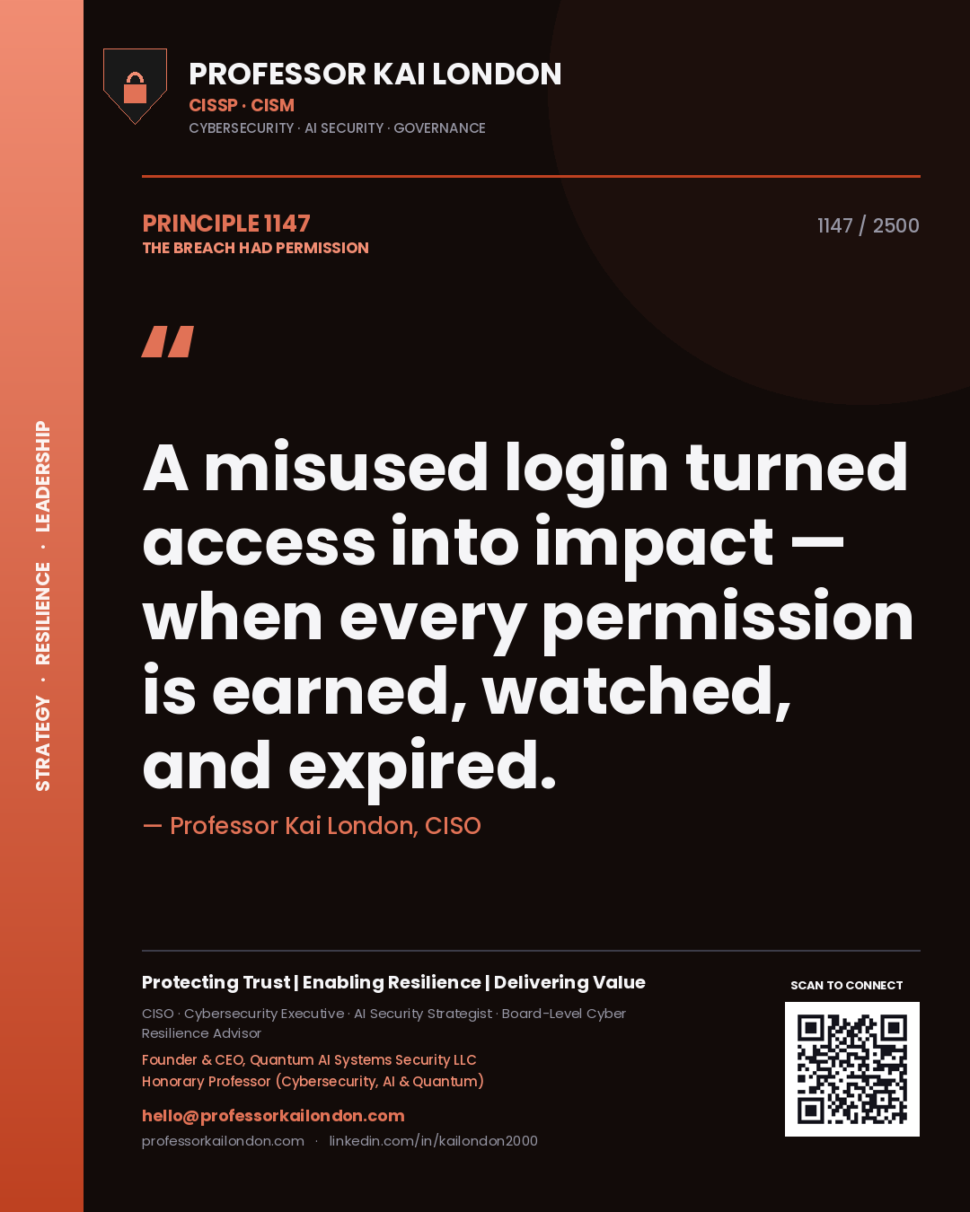Professor Kai London principle 1147: A misused login turned access into impact — when every permission is earned, watched, and expired.