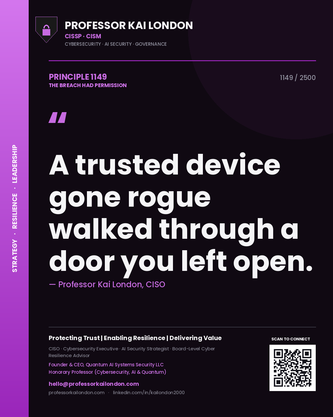 Quote card by Professor Kai London reading 'A trusted device gone rogue walked through a door you left open.'. From the book The Breach Had Permission.
