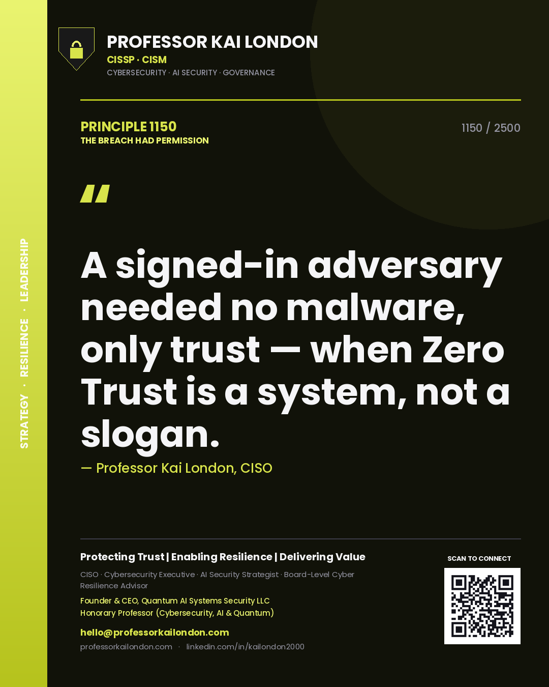 Professor Kai London principle 1150: A signed-in adversary needed no malware, only trust — when Zero Trust is a system, not a slogan.
