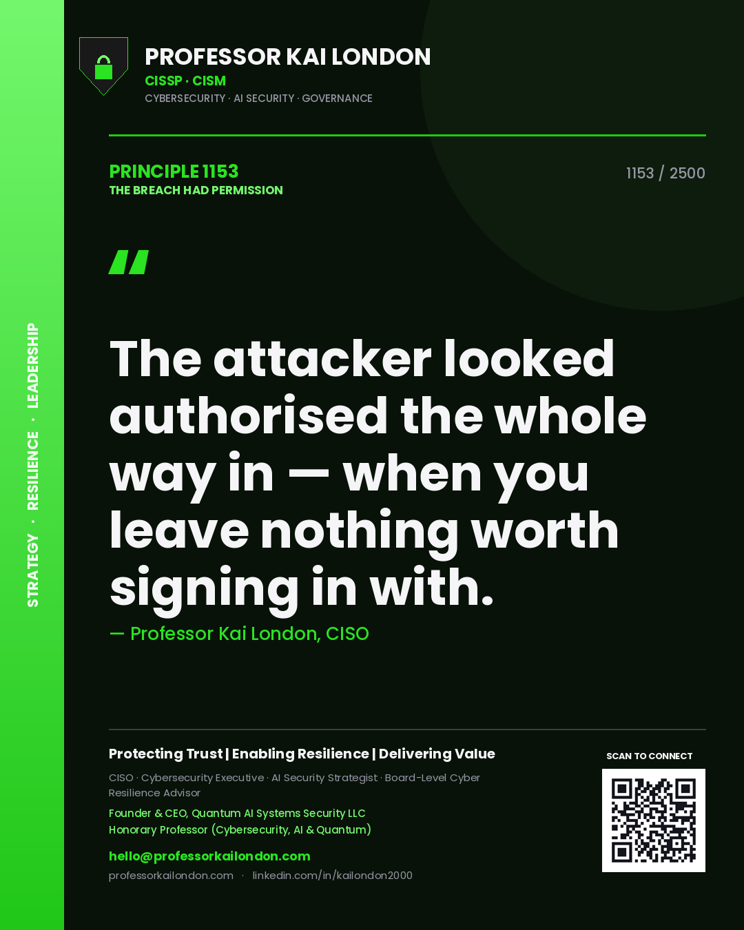 Professor Kai London principle 1153: The attacker looked authorised the whole way in — when you leave nothing worth signing in with.