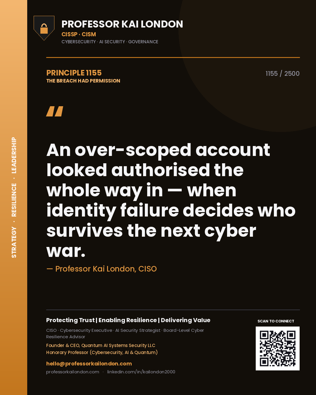 Professor Kai London principle 1155: An over-scoped account looked authorised the whole way in — when identity failure decides who survives the next cyber war.