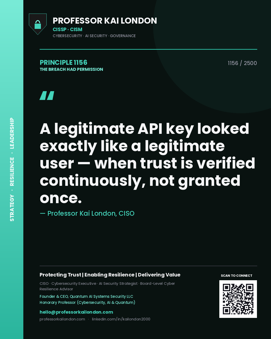 Professor Kai London principle 1156: A legitimate API key looked exactly like a legitimate user — when trust is verified continuously, not granted once.