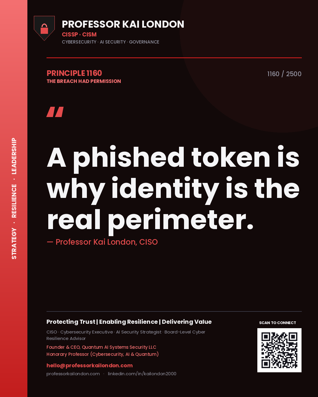 Quote card by Professor Kai London reading 'A phished token is why identity is the real perimeter.'. From the book The Breach Had Permission.