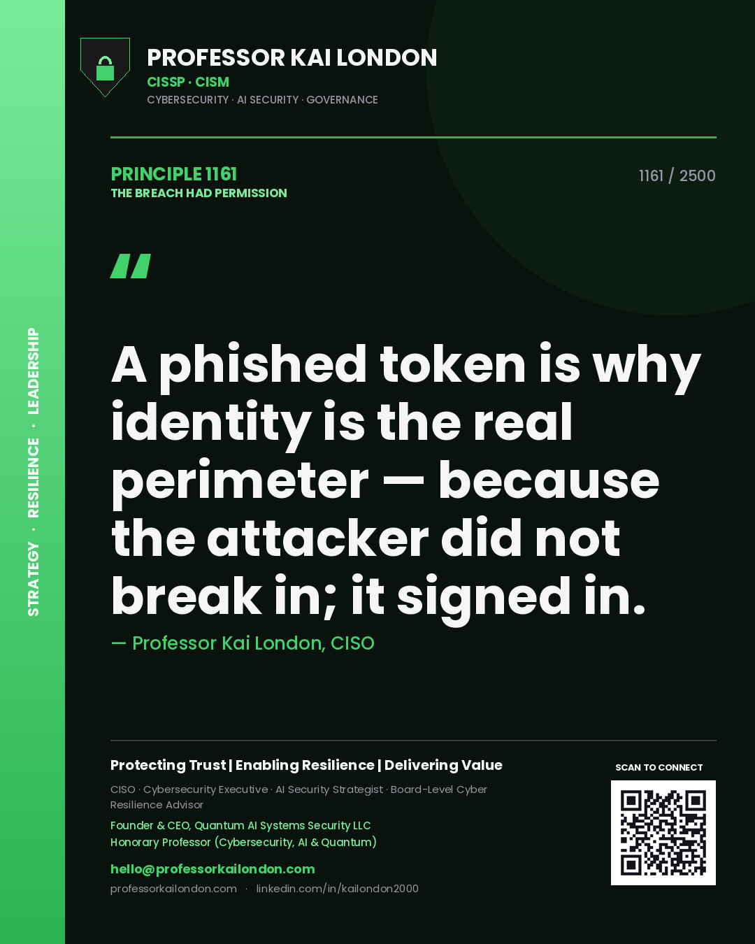 Quote card by Professor Kai London reading 'A phished token is why identity is the real perimeter — because the attacker did not break in; it signed in.'. From the book The Breach Had Permission.