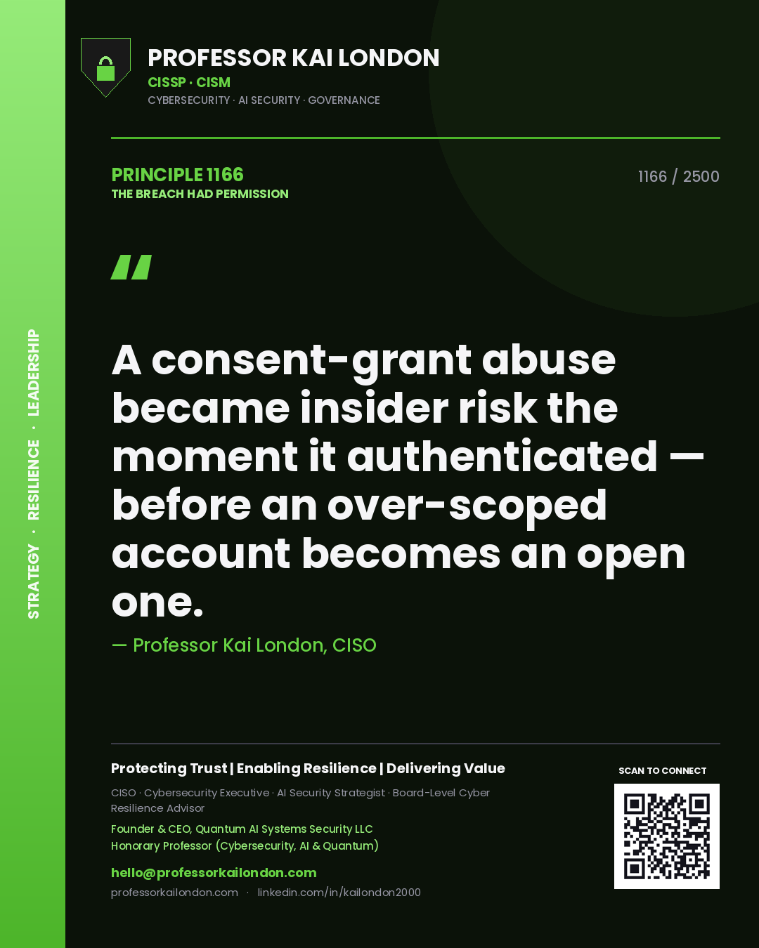 Professor Kai London principle 1166: A consent-grant abuse became insider risk the moment it authenticated — before an over-scoped account becomes an open one.