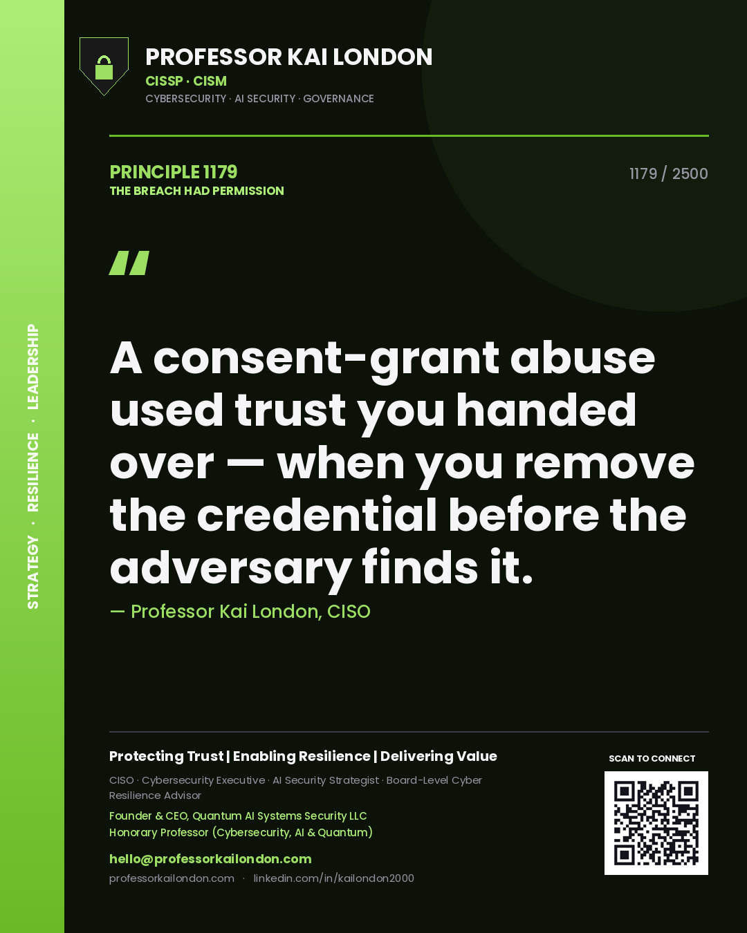 Professor Kai London principle 1179: A consent-grant abuse used trust you handed over — when you remove the credential before the adversary finds it.