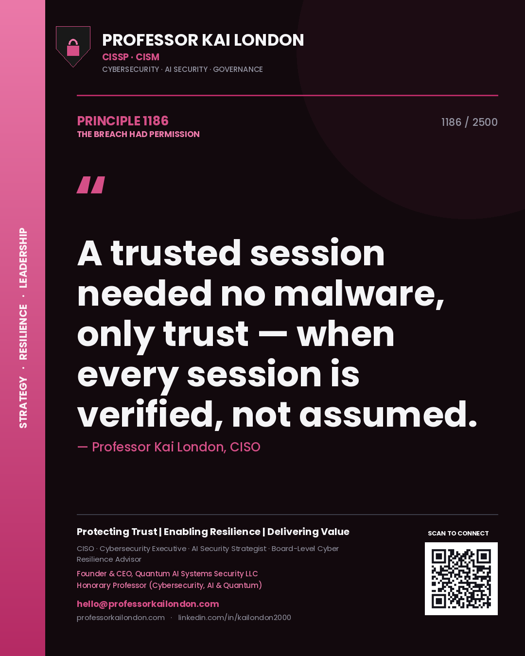 Professor Kai London principle 1186: A trusted session needed no malware, only trust — when every session is verified, not assumed.