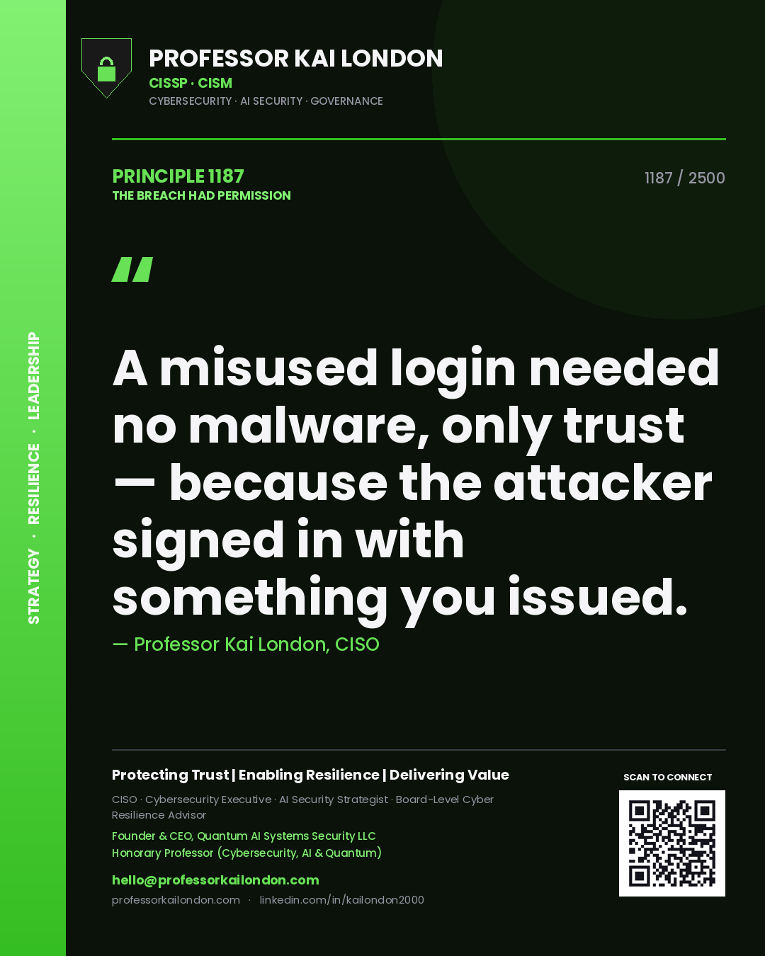 Professor Kai London principle 1187: A misused login needed no malware, only trust — because the attacker signed in with something you issued.
