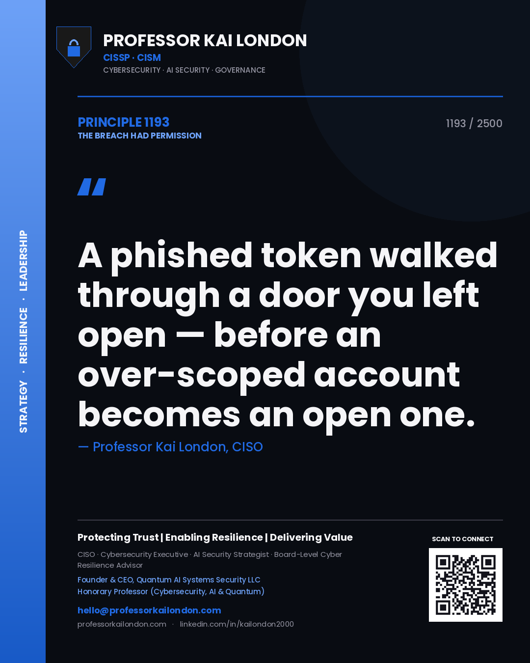 Professor Kai London principle 1193: A phished token walked through a door you left open — before an over-scoped account becomes an open one.