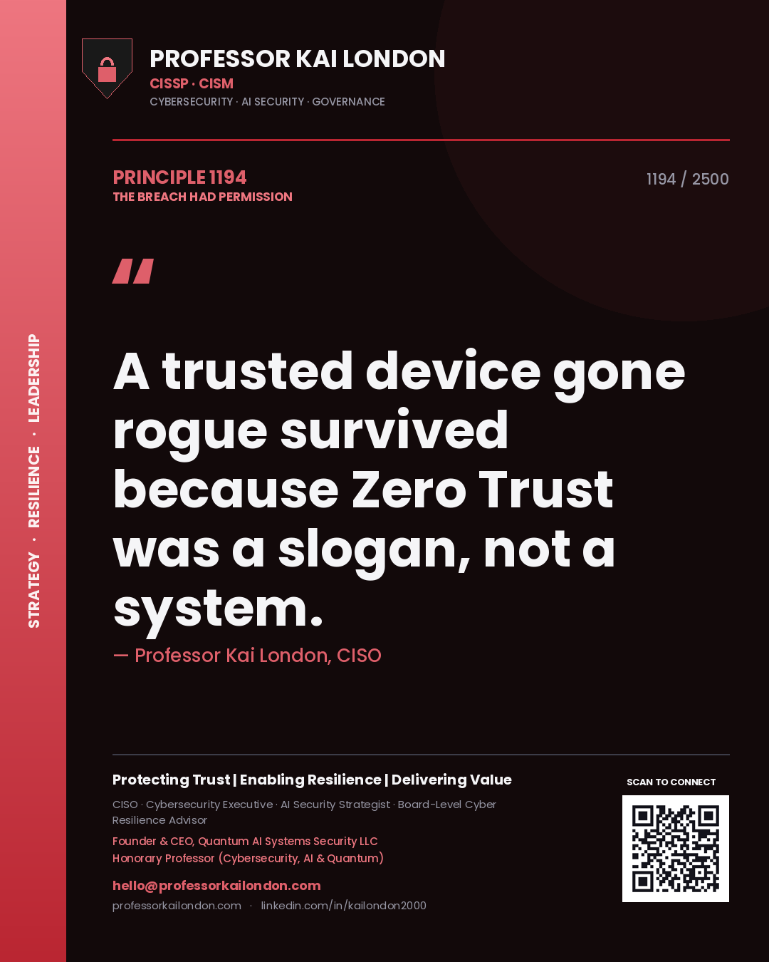 Professor Kai London principle 1194: A trusted device gone rogue survived because Zero Trust was a slogan, not a system.