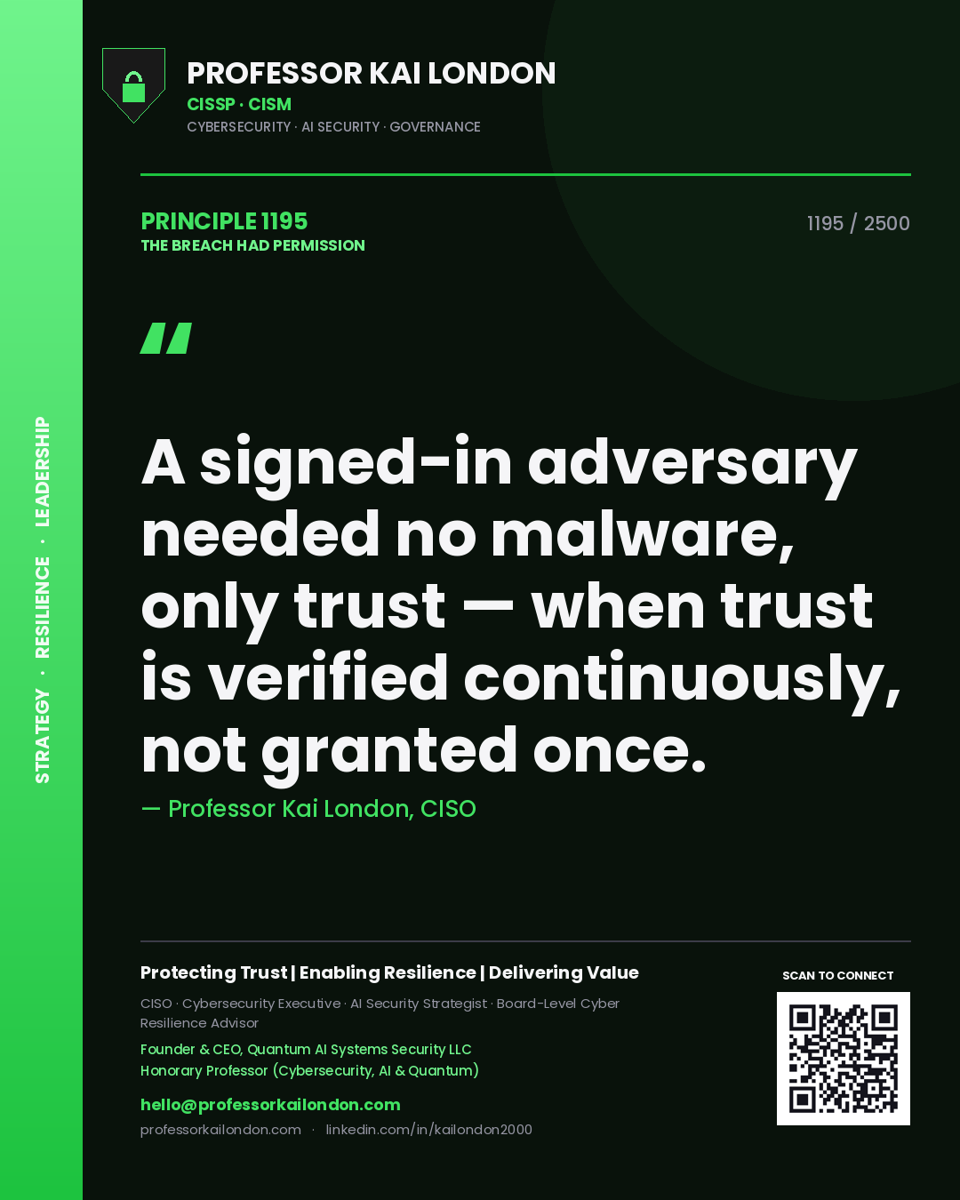 Quote card by Professor Kai London reading 'A signed-in adversary needed no malware, only trust — when trust is verified continuously, not granted once.'. From the book The Breach Had Permission.