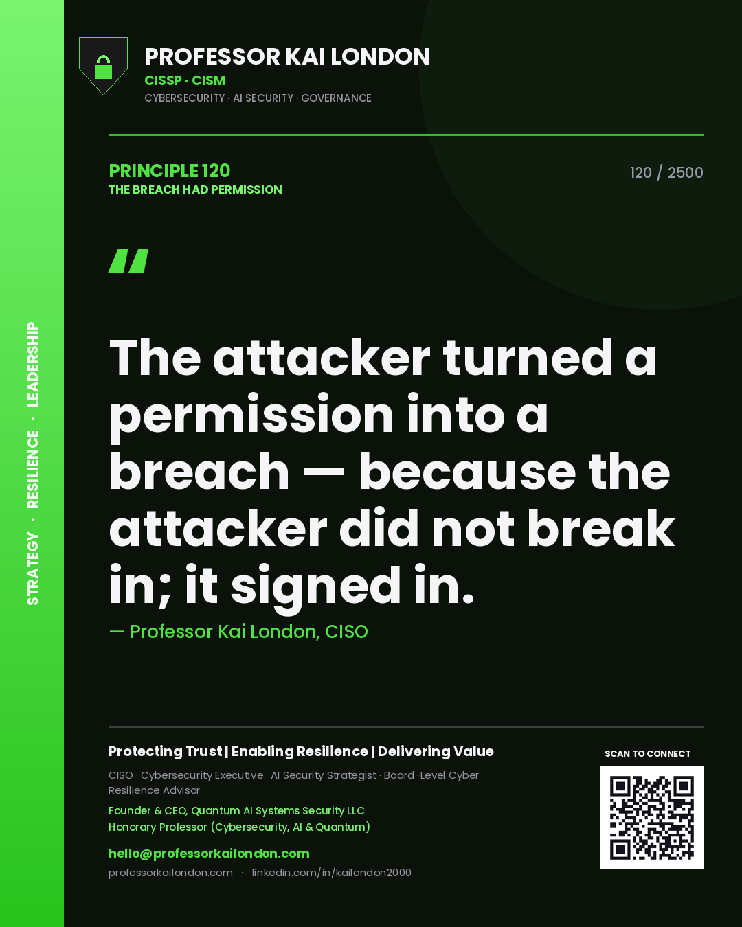 Professor Kai London principle 120: The attacker turned a permission into a breach — because the attacker did not break in; it signed in.