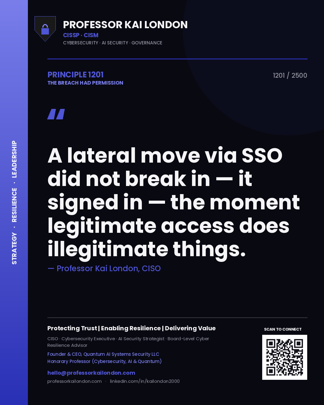 Professor Kai London principle 1201: A lateral move via SSO did not break in — it signed in — the moment legitimate access does illegitimate things.