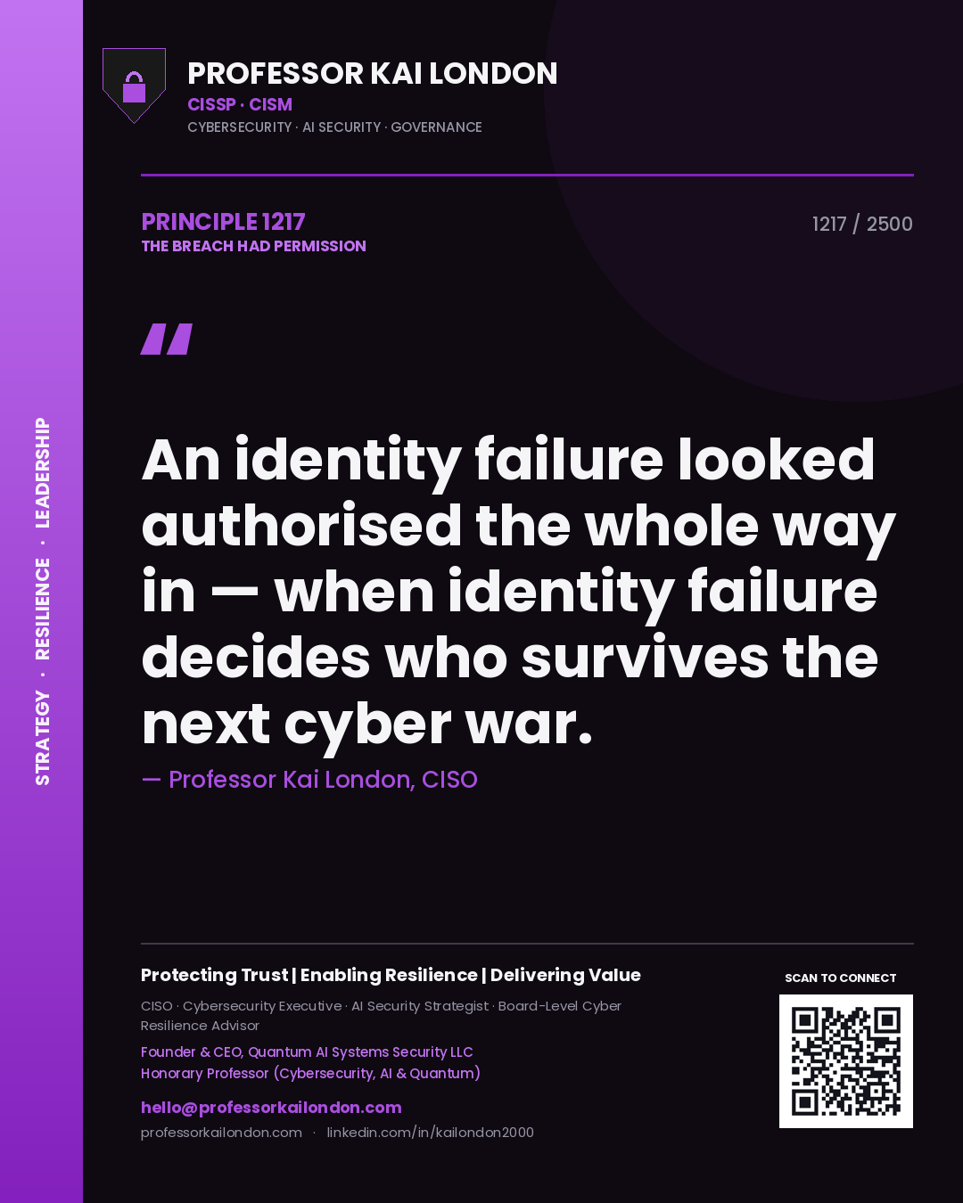 Quote card by Professor Kai London reading 'An identity failure looked authorised the whole way in — when identity failure decides who survives the next cyber war.'. From the book The Breach Had Permission.