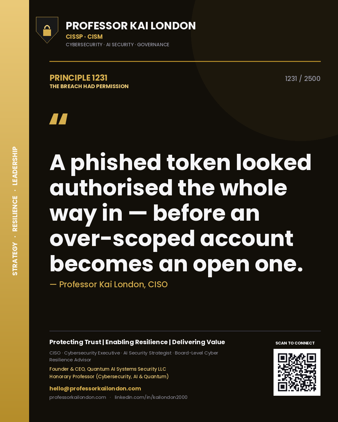 Professor Kai London principle 1231: A phished token looked authorised the whole way in — before an over-scoped account becomes an open one.