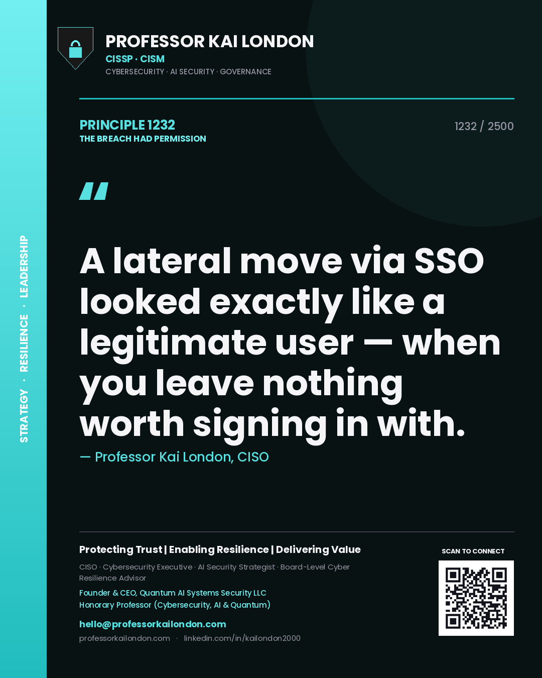 Professor Kai London principle 1232: A lateral move via SSO looked exactly like a legitimate user — when you leave nothing worth signing in with.