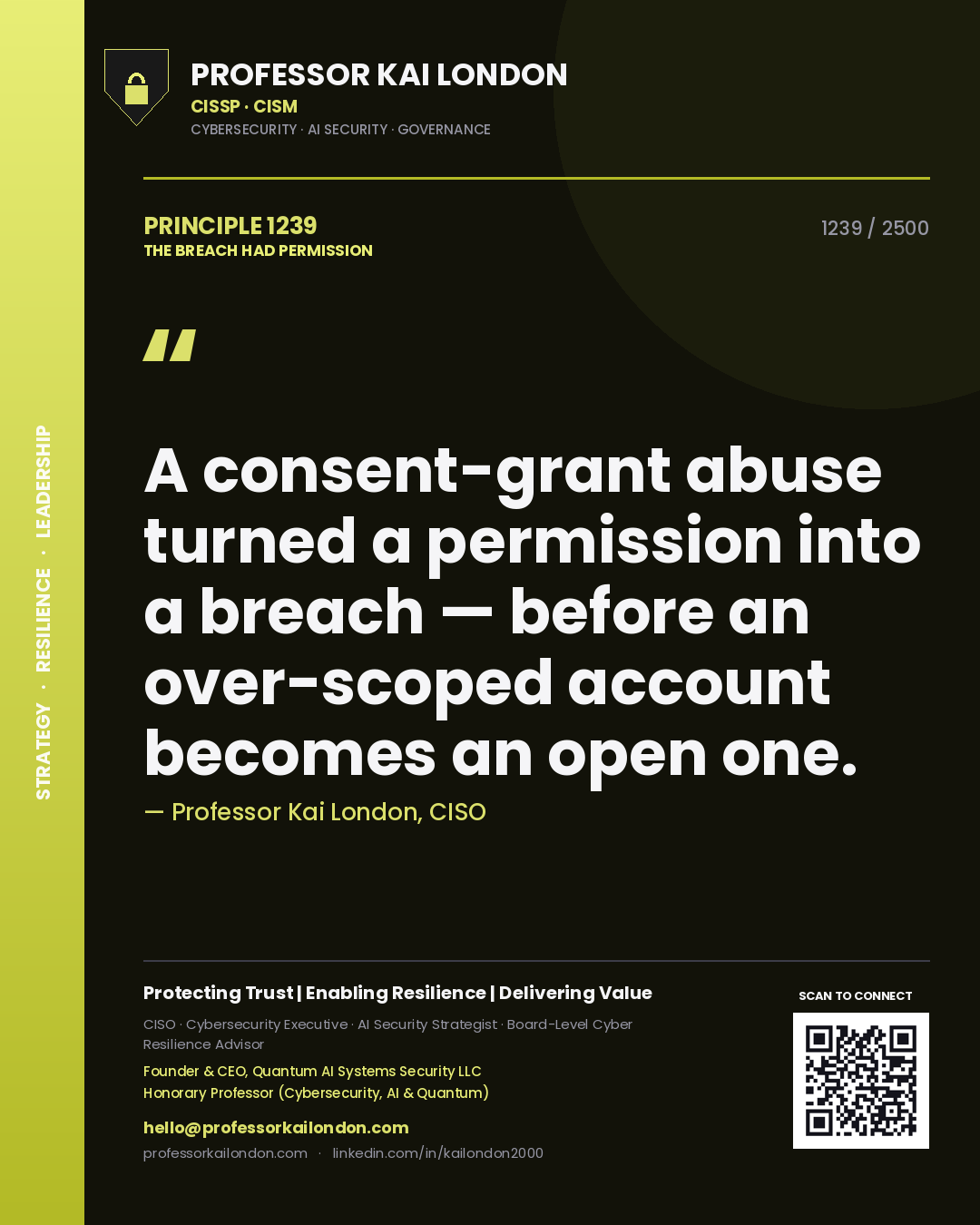 Professor Kai London principle 1239: A consent-grant abuse turned a permission into a breach — before an over-scoped account becomes an open one.