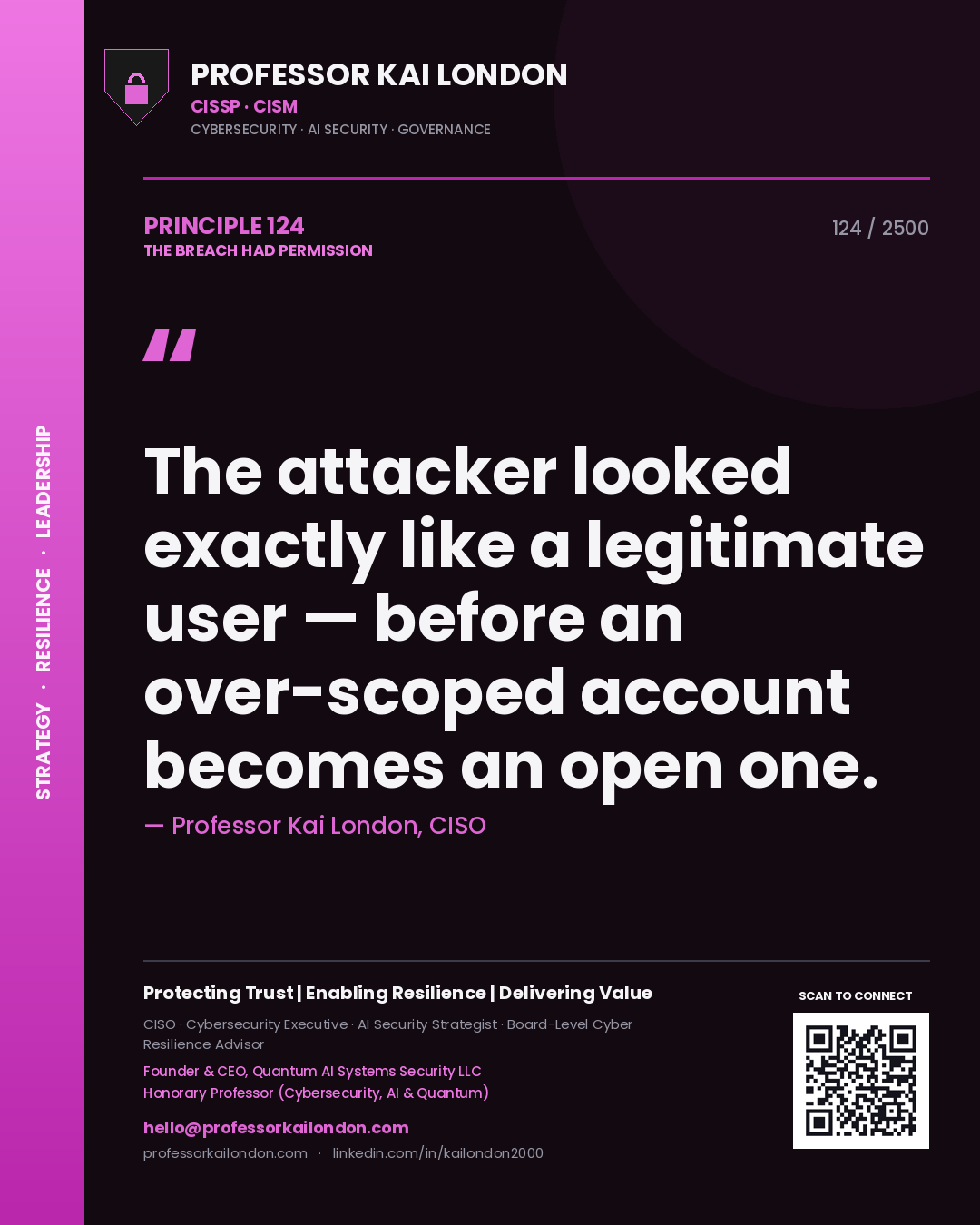 Professor Kai London principle 124: The attacker looked exactly like a legitimate user — before an over-scoped account becomes an open one.