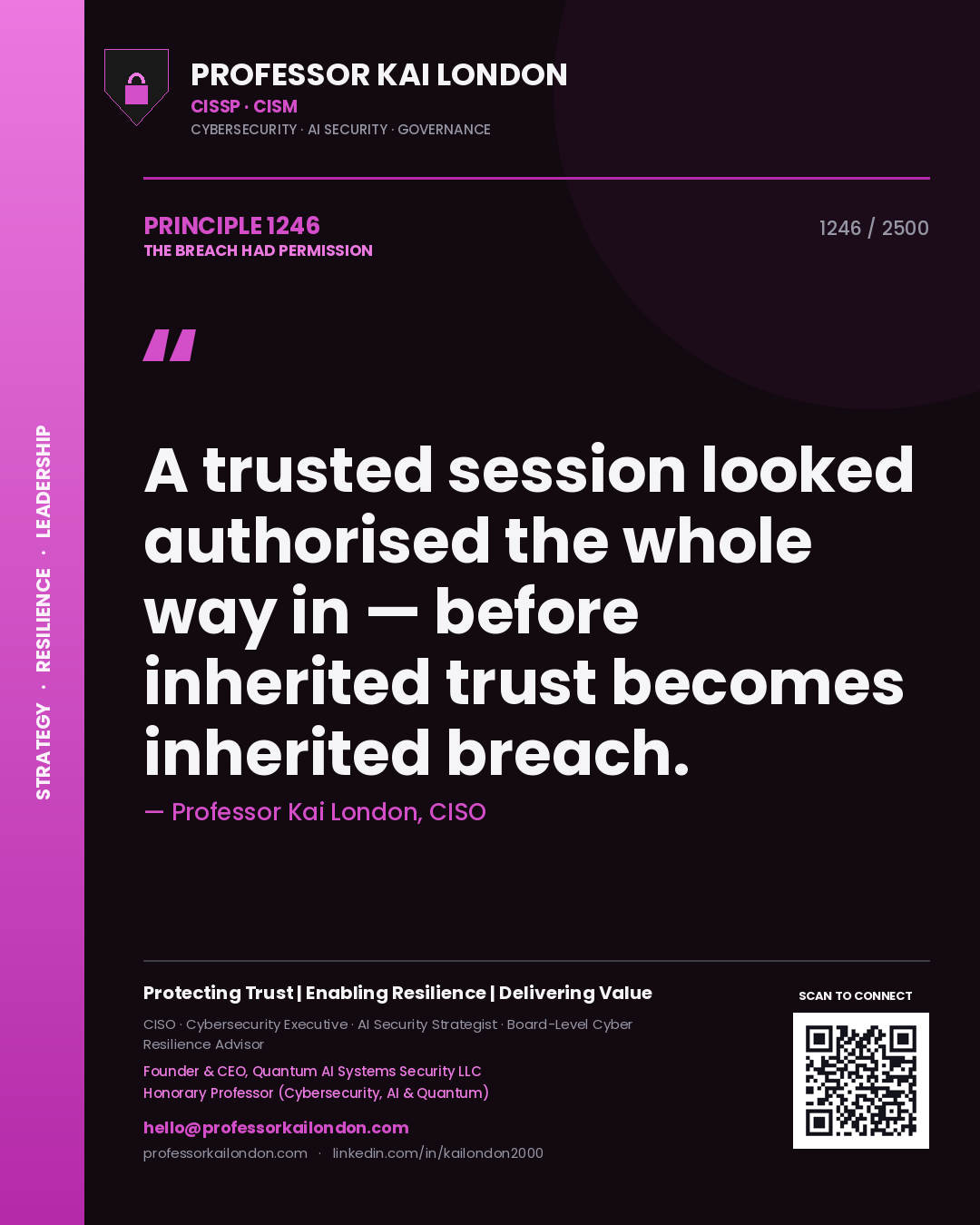 Quote card by Professor Kai London reading 'A trusted session looked authorised the whole way in — before inherited trust becomes inherited breach.'. From the book The Breach Had Permission.