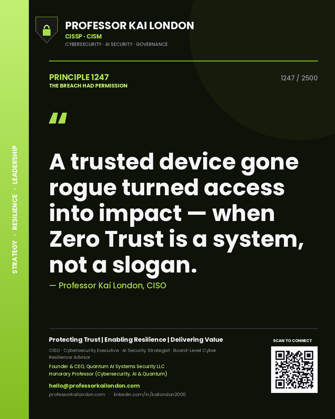 Quote card by Professor Kai London reading 'A trusted device gone rogue turned access into impact — when Zero Trust is a system, not a slogan.'. From the book The Breach Had Permission.