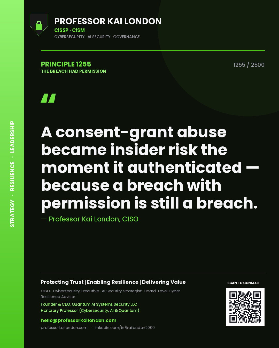 Professor Kai London principle 1255: A consent-grant abuse became insider risk the moment it authenticated — because a breach with permission is still a breach.