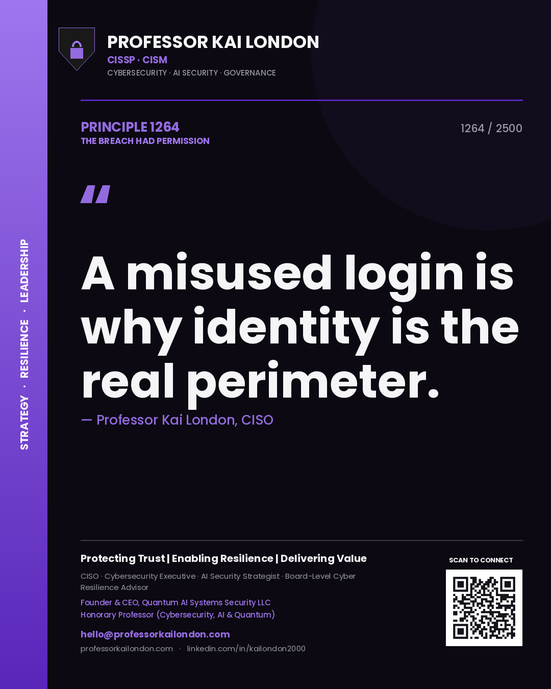 Quote card by Professor Kai London reading 'A misused login is why identity is the real perimeter.'. From the book The Breach Had Permission.