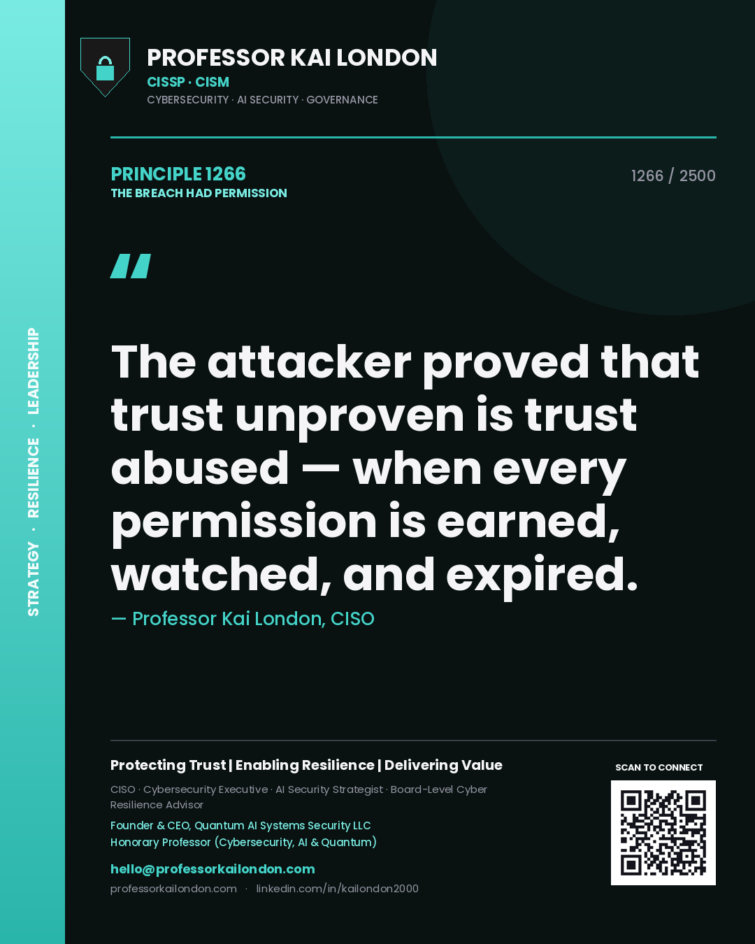 Professor Kai London principle 1266: The attacker proved that trust unproven is trust abused — when every permission is earned, watched, and expired.