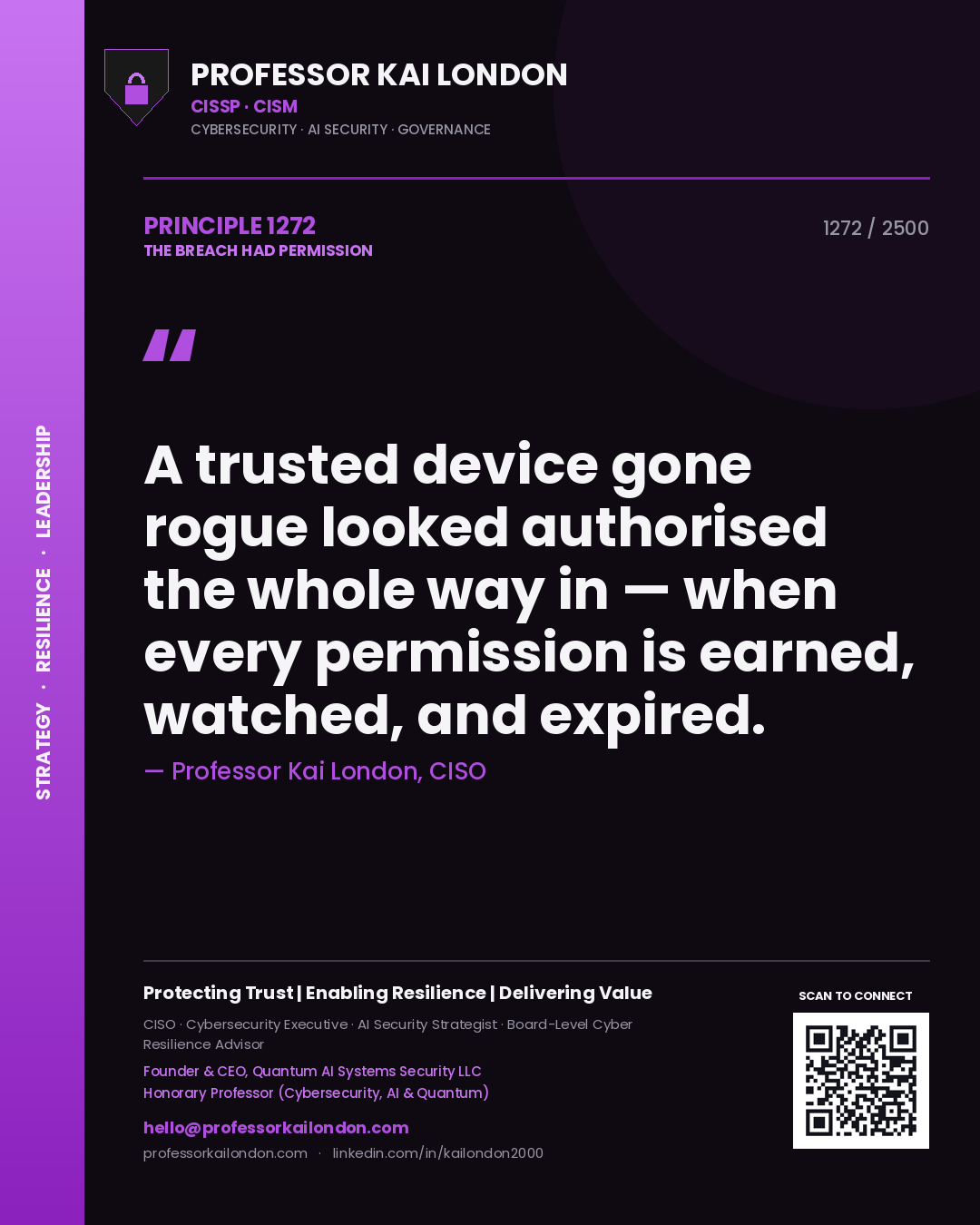 Quote card by Professor Kai London reading 'A trusted device gone rogue looked authorised the whole way in — when every permission is earned, watched, and expired.'. From the book The Breach Had Permission.