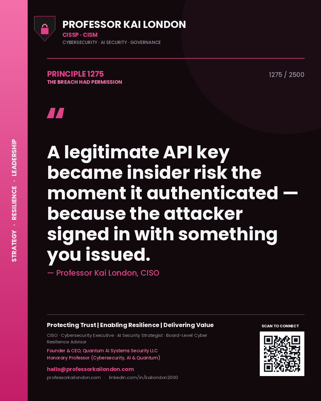 Quote card by Professor Kai London reading 'A legitimate API key became insider risk the moment it authenticated — because the attacker signed in with something you issued.'. From the book The Breach Had Permission.