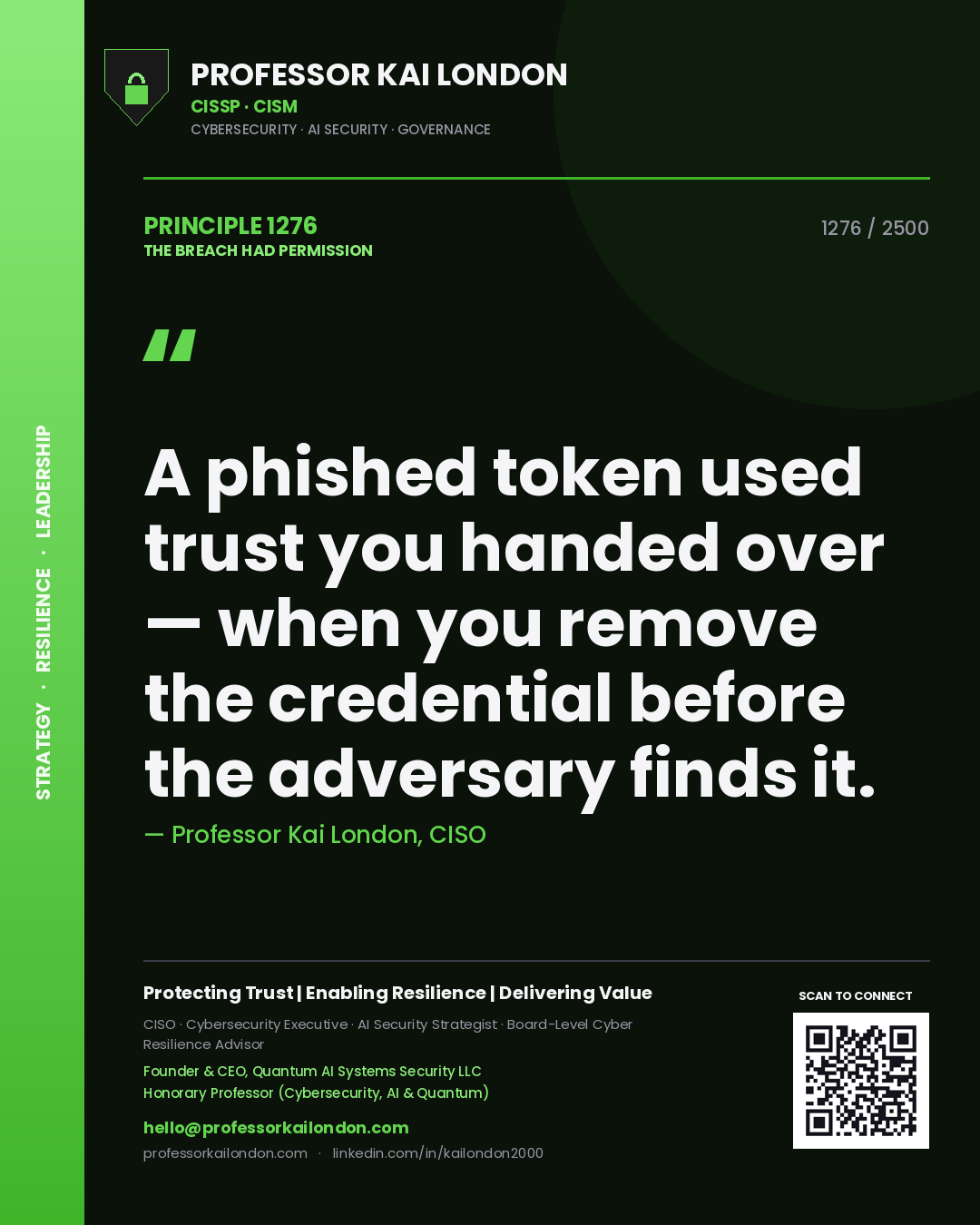 Quote card by Professor Kai London reading 'A phished token used trust you handed over — when you remove the credential before the adversary finds it.'. From the book The Breach Had Permission.