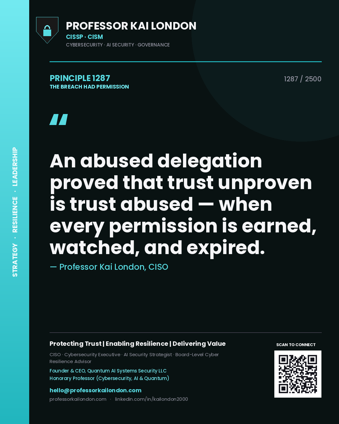 Professor Kai London principle 1287: An abused delegation proved that trust unproven is trust abused — when every permission is earned, watched, and expired.