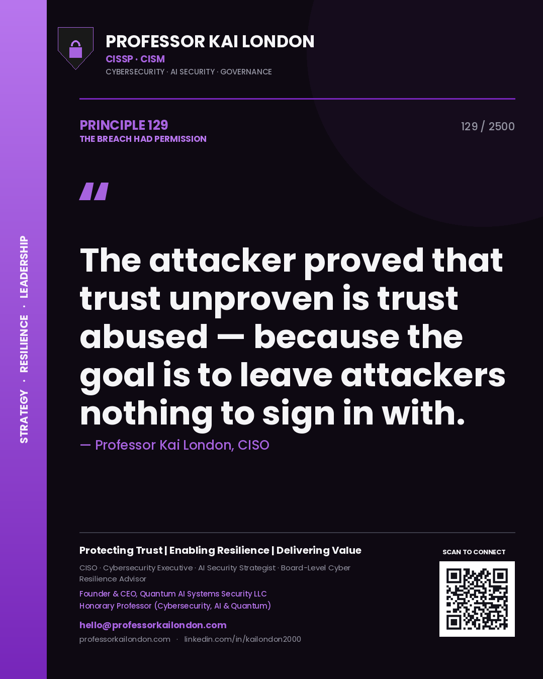 Professor Kai London principle 129: The attacker proved that trust unproven is trust abused — because the goal is to leave attackers nothing to sign in with.