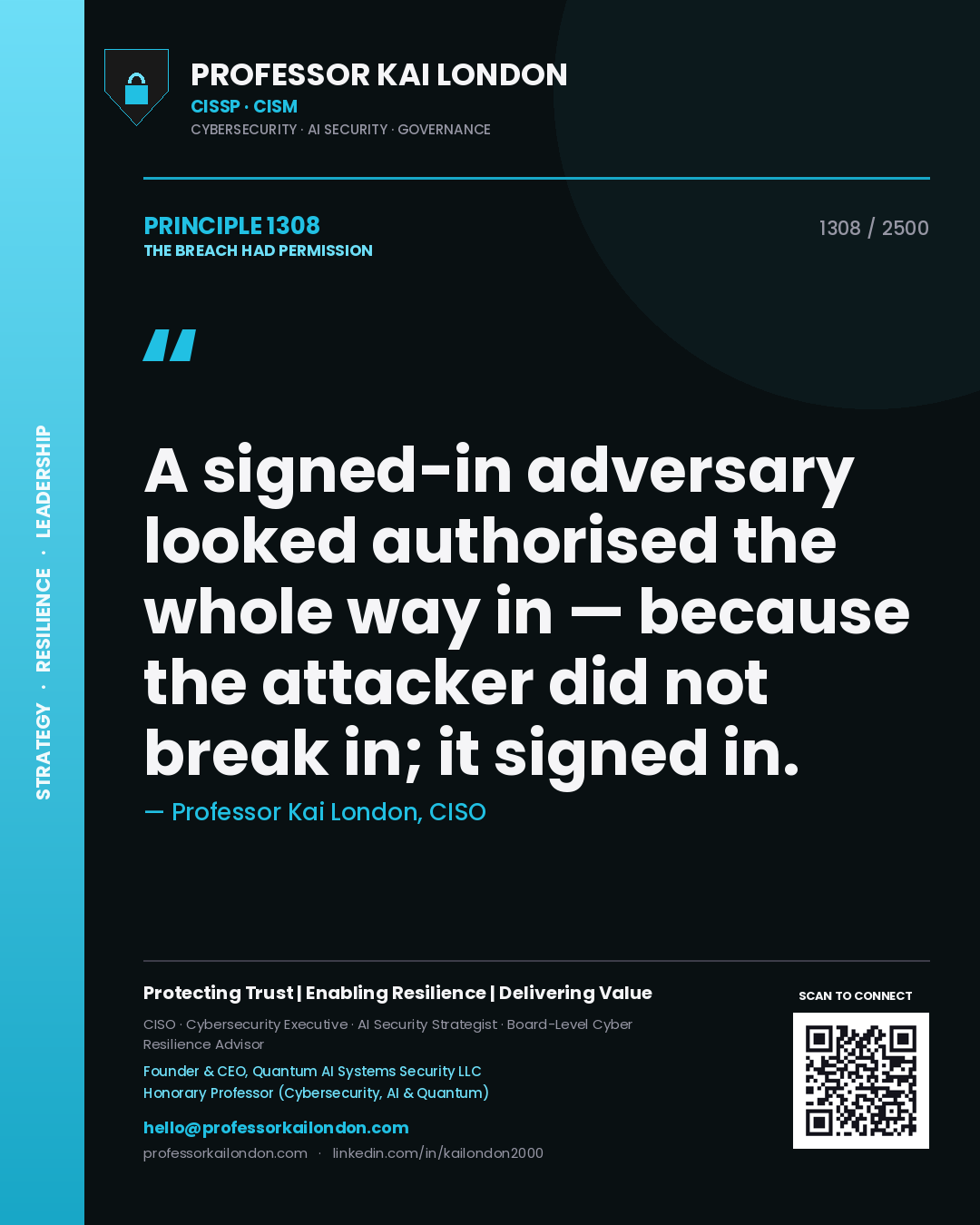Professor Kai London principle 1308: A signed-in adversary looked authorised the whole way in — because the attacker did not break in; it signed in.