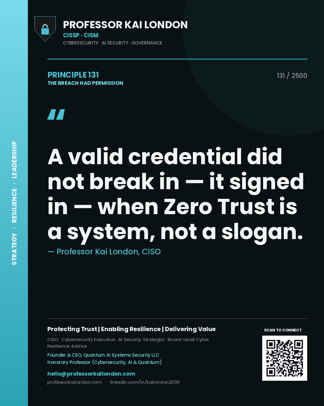 Professor Kai London principle 131: A valid credential did not break in — it signed in — when Zero Trust is a system, not a slogan.