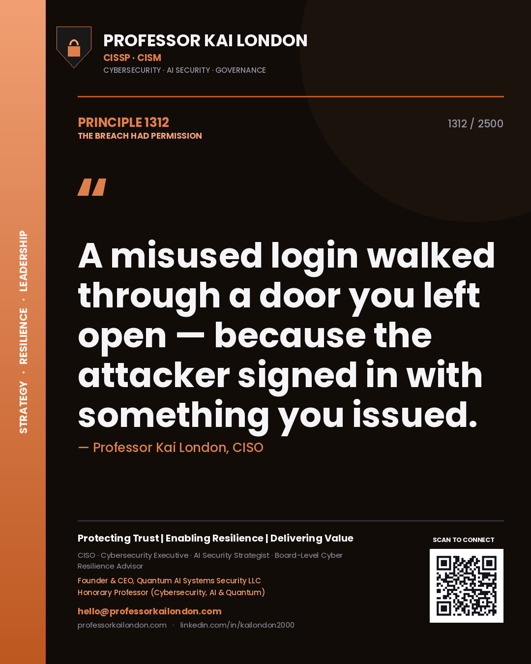 Quote card by Professor Kai London reading 'A misused login walked through a door you left open — because the attacker signed in with something you issued.'. From the book The Breach Had Permission.