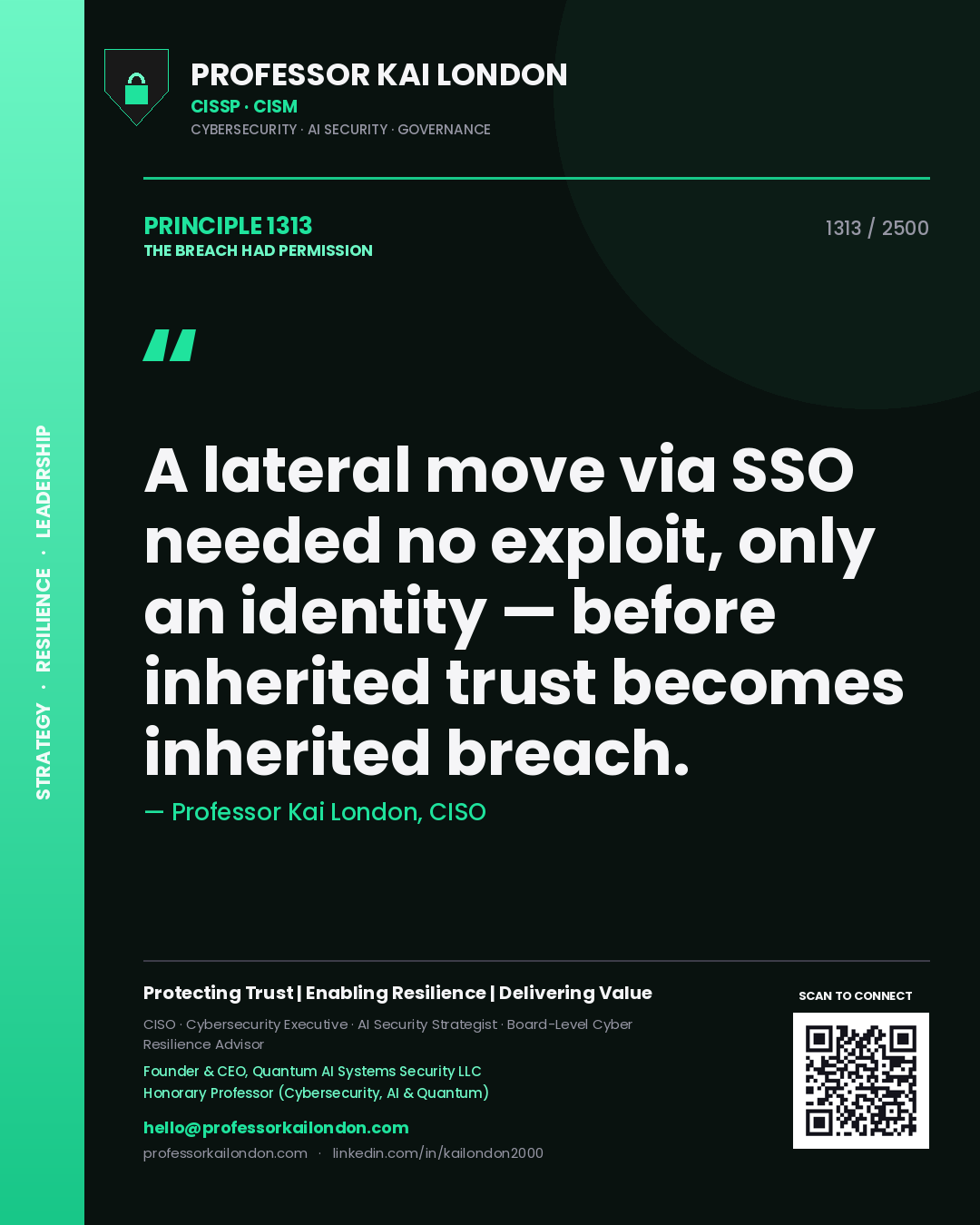 Quote card by Professor Kai London reading 'A lateral move via SSO needed no exploit, only an identity — before inherited trust becomes inherited breach.'. From the book The Breach Had Permission.